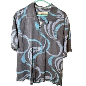 Tommy Bahama Mens’s Button Down Gray Hawaiian Wave Pattern Shirt 100% Silk Sz L